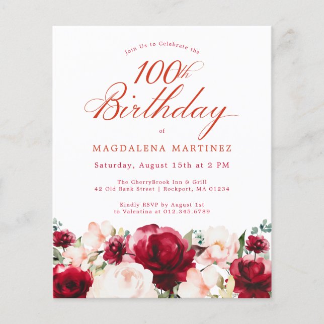 Budget Pink Red Floral 100th Birthday Invite (Front)