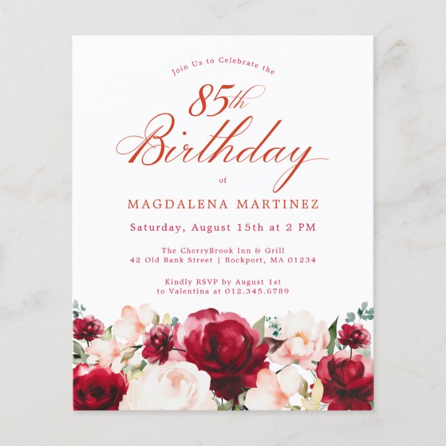 Budget Pink Red Floral 85th Birthday Invite (Front)