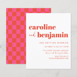 Budget Pink Red Simple Chequerboard Wedding Invite
