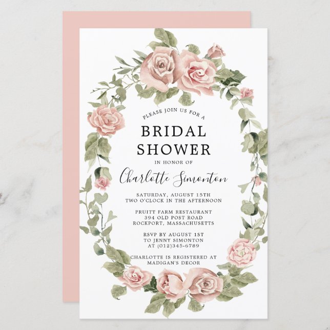 Budget Pink Rose Floral Bridal Shower Invitation (Front/Back)