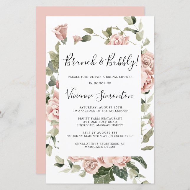 Budget Pink Rose Floral Brunch Bubbly Invitation (Front/Back)