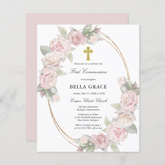 Budget Pink Rose Floral First Communion Invitation (Front/Back)