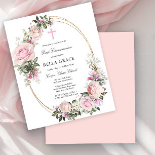 Budget Pink Rose Floral First Communion Invitation