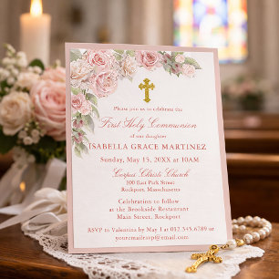Budget Pink Rose Floral First Communion Invitation