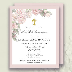 Budget Pink Rose Floral First Communion Invitation