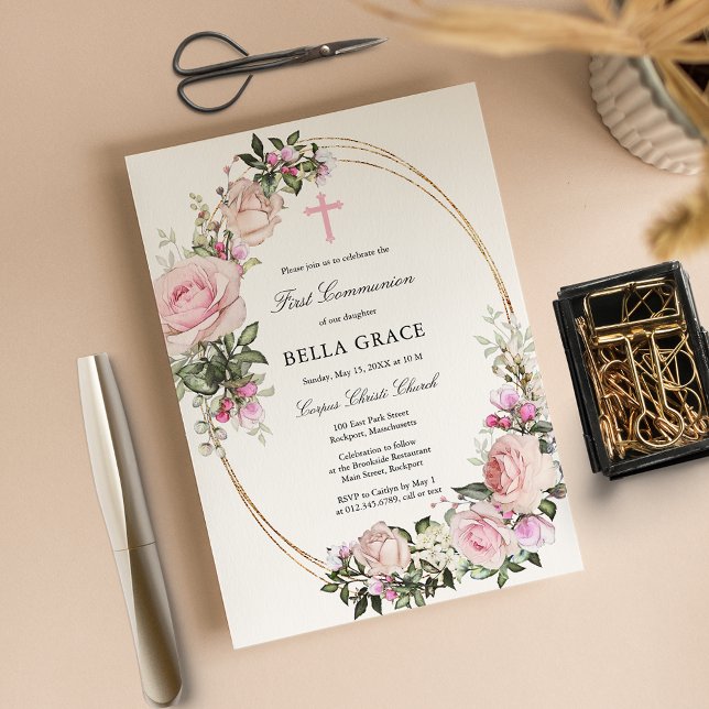 Budget Pink Rose Floral First Communion Invitation (Creator Uploaded)