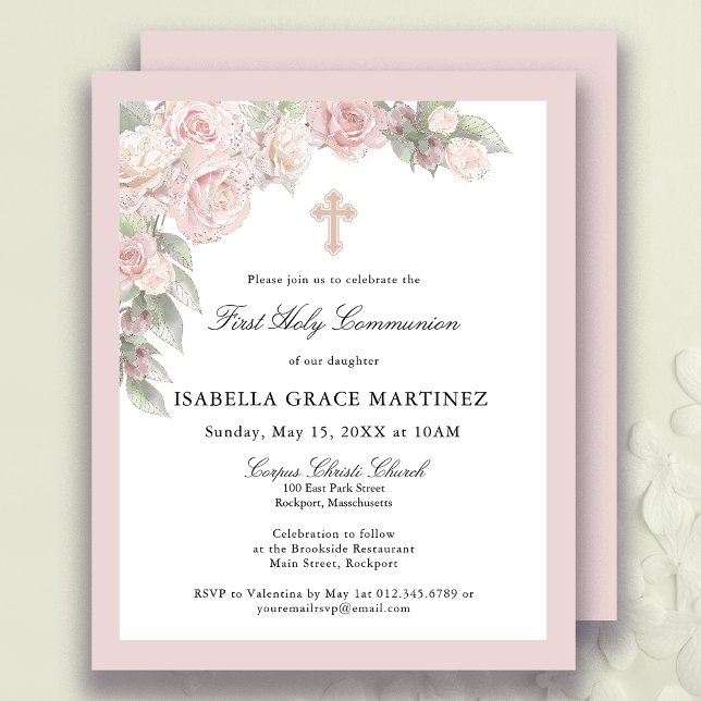 Budget Pink Rose Floral First Communion Invitation (Creator Uploaded)