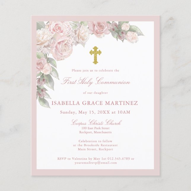 Budget Pink Rose Floral First Communion Invitation (Front)