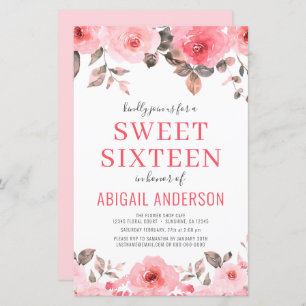 Budget Pink Rose Floral Sweet Sixteen Invitation