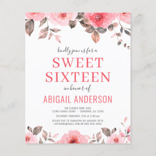 Budget Pink Rose Floral Sweet Sixteen Invitation Flyer