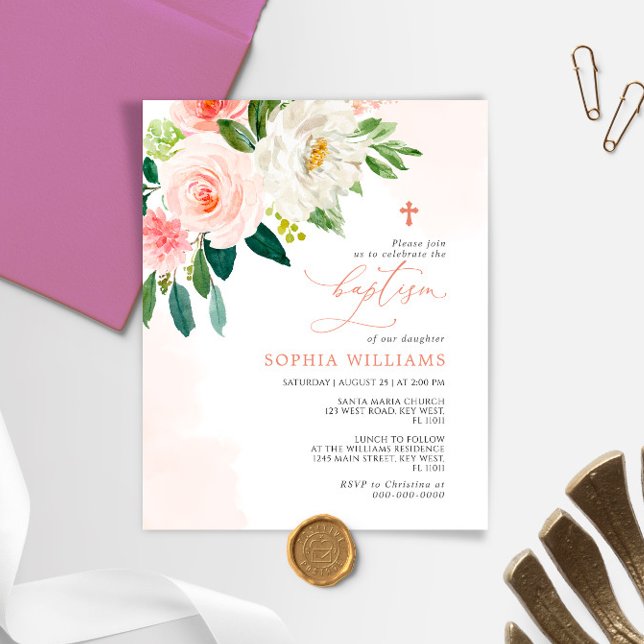 Budget Pink Rose Flowers Baptism Invitation (Creator Uploaded)