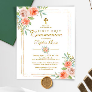 Budget Pink Rose & Gold First Communion Invitation