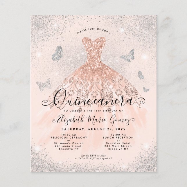 Budget Pink Rose Gold Glam Gown Quinceanera Invite (Front)