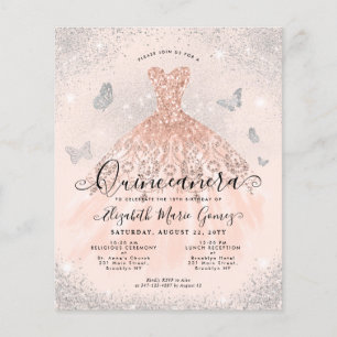 Budget Pink Rose Gold Glam Gown Quinceanera Invite