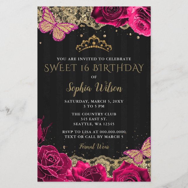 Budget Pink Roses Black Gold Sweet 16 Invitation (Front)