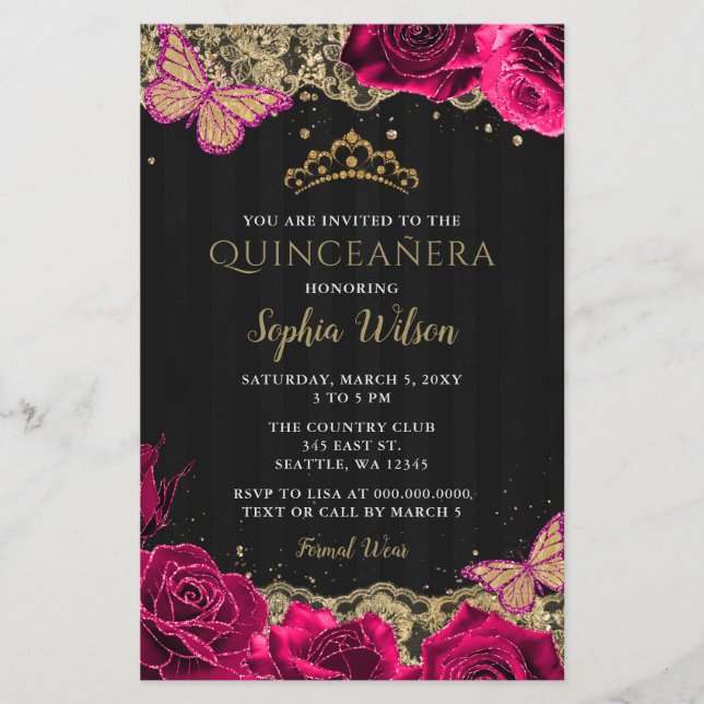 Budget Pink Roses Black Quinceañera Invitation (Front)
