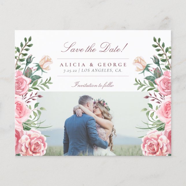 Budget pink roses photo wedding save the date flyer (Front)