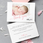 Budget pink script photo baby shower thank you card<br><div class="desc">Trendy modern minimal pink typography script girl baby shower budget affordable small thank you card template personalised with newborn baby photo and your text.</div>