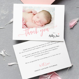 Budget pink script photo baby shower thank you card