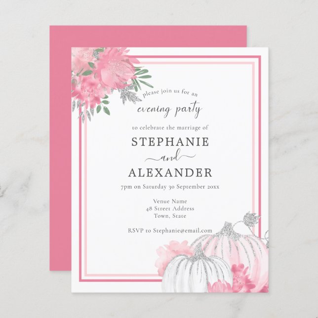 Budget Pink & Silver Pumpkin Wedding Party Invite (Front/Back)