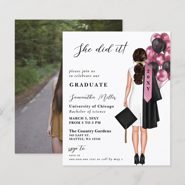 Budget Pink Simple Photo She Did It Graduation (Front/Back)