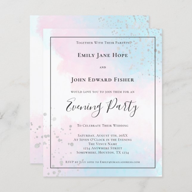 Budget Pink Teal Watercolor Silver Wedding Evening (Front/Back)