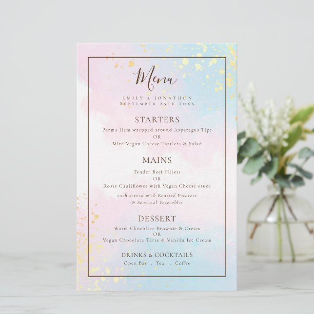 Budget Pink Teal Watercolors Wedding Menu  (Standing Front)