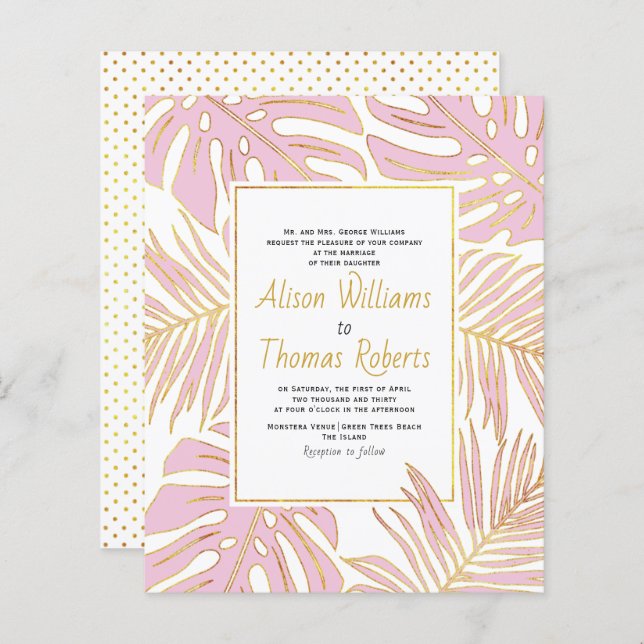 BUDGET pink tropical leaves wedding invitation (Front/Back)