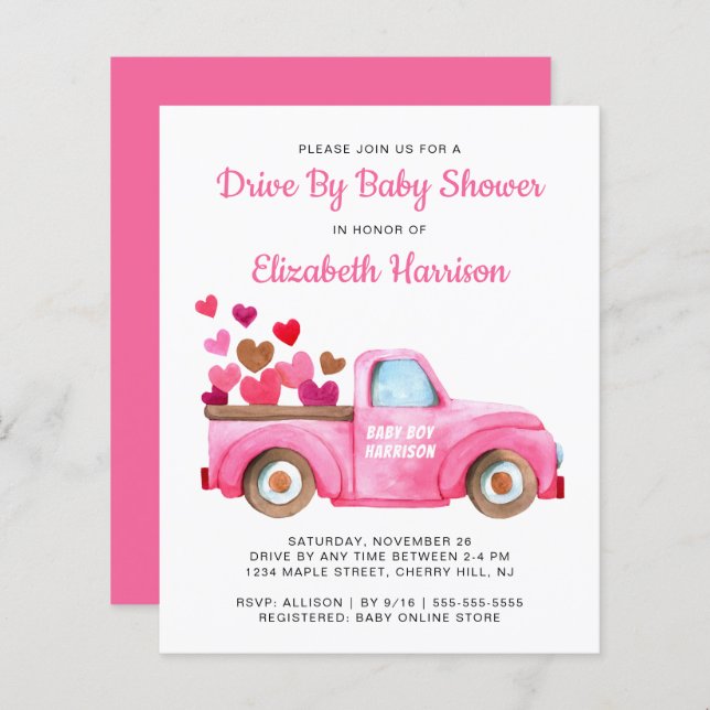 Budget Pink Truck Drive By Baby Shower Invitation (Front/Back)