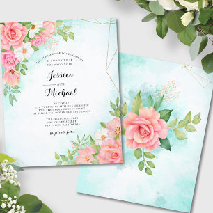 Budget Pink Turquoise Floral Wedding Invitation