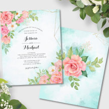Budget Pink Turquoise Floral Wedding Invitation
