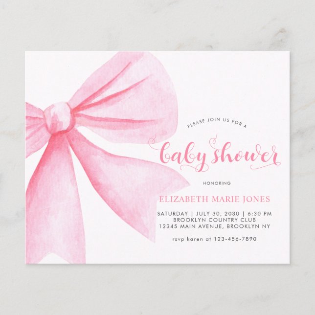 Budget Pink Watercolor Bow Ribbon Girl Baby Shower (Front)