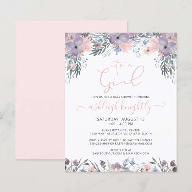 Budget Pink Watercolor Floral Girl Baby Shower (Front/Back)