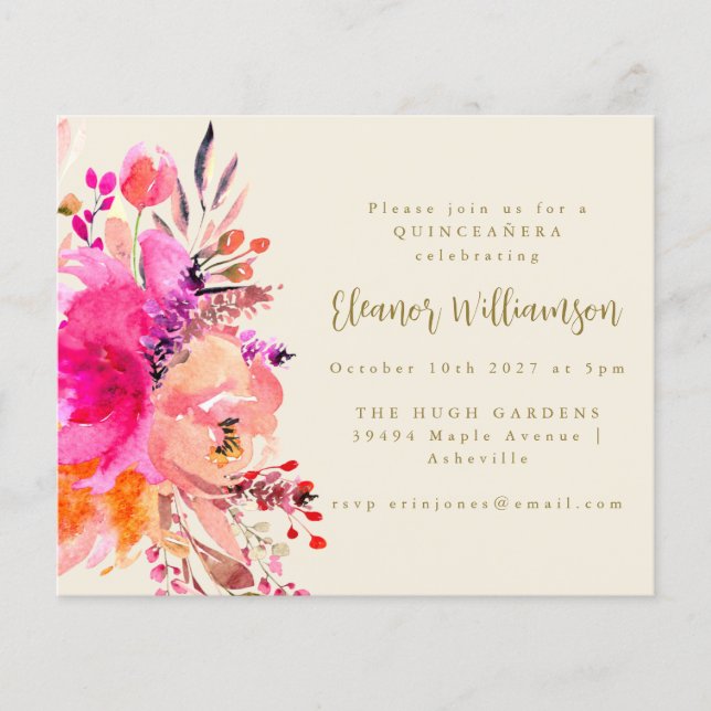 Budget Pink Watercolor Floral QUINCEAÑERA Invite (Front)