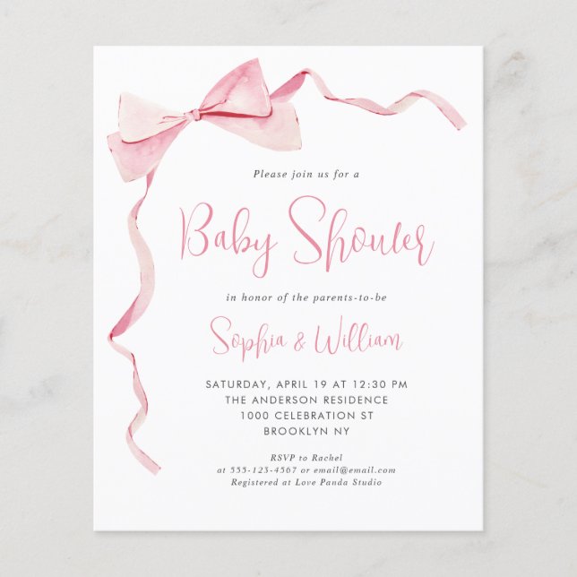 Budget Pink Watercolor Ribbon Bow Girl Baby Shower (Front)