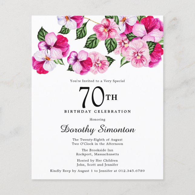 Budget Pink White Floral 70th Birthday Invitation (Front)