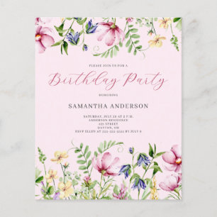 Budget Pink Wildflower Floral Birthday Invitation Flyer