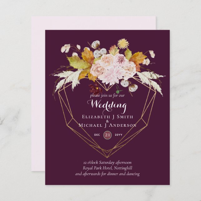 BUDGET Plum and Coral Floral Wedding Invitation (Front/Back)