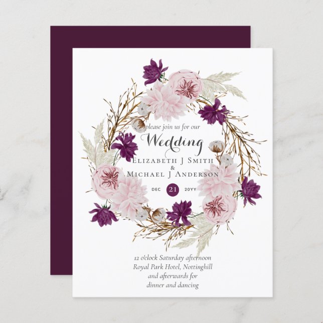 Budget Plum Blooms Blush Wreath Wedding Invites (Front/Back)