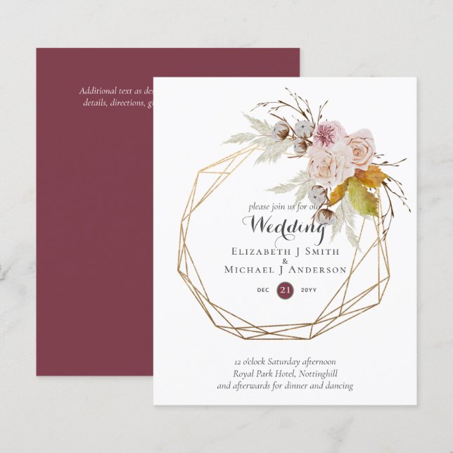 Budget plum Blush Pink Floral Wedding Invites (Front/Back)