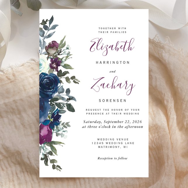 Budget Plum Floral Navy Blue Wedding Invitation (Creator Uploaded)