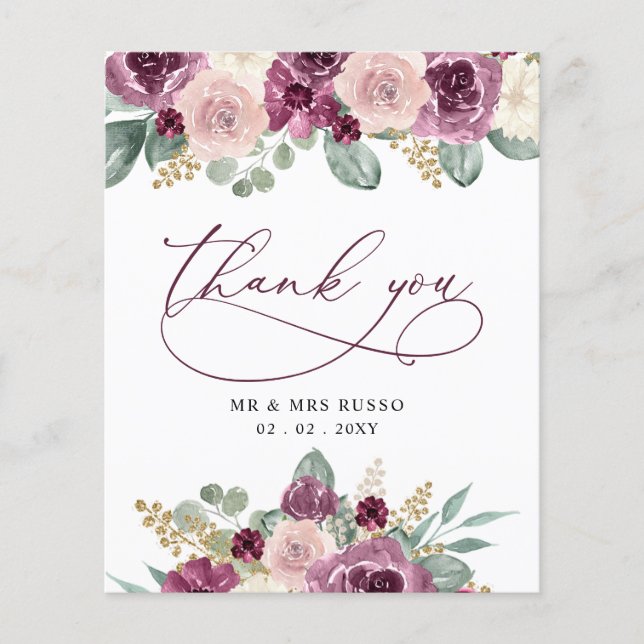 Budget Plum Floral Wedding Thank You Card (Front)