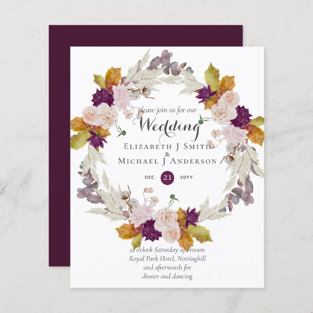 Budget Plum Ginger Wreath Wedding Invites (Front/Back)