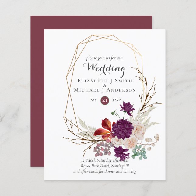 Budget Plum Pink Ginger Floral Wedding Invites (Front/Back)