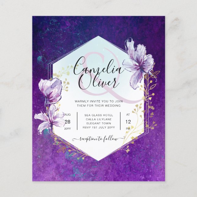 Budget Plum Purple Floral Wedding Invite Flyer (Front)