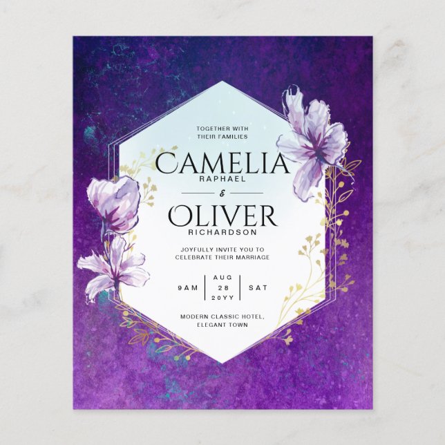 Budget Plum Purple Floral Wedding Invite Flyer (Front)