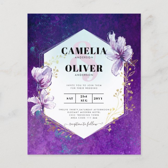 Budget Plum Purple Floral Wedding Invite Flyer (Front)