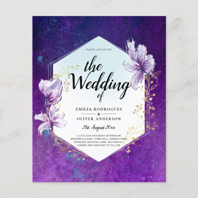 Budget Plum Purple Floral Wedding Invite Flyer (Front)