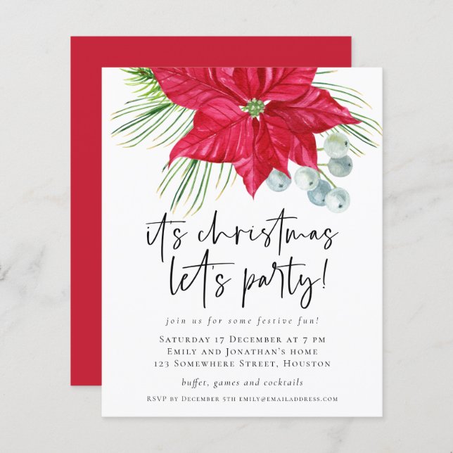Budget Poinsettia Christmas Lets Party Invite (Front/Back)