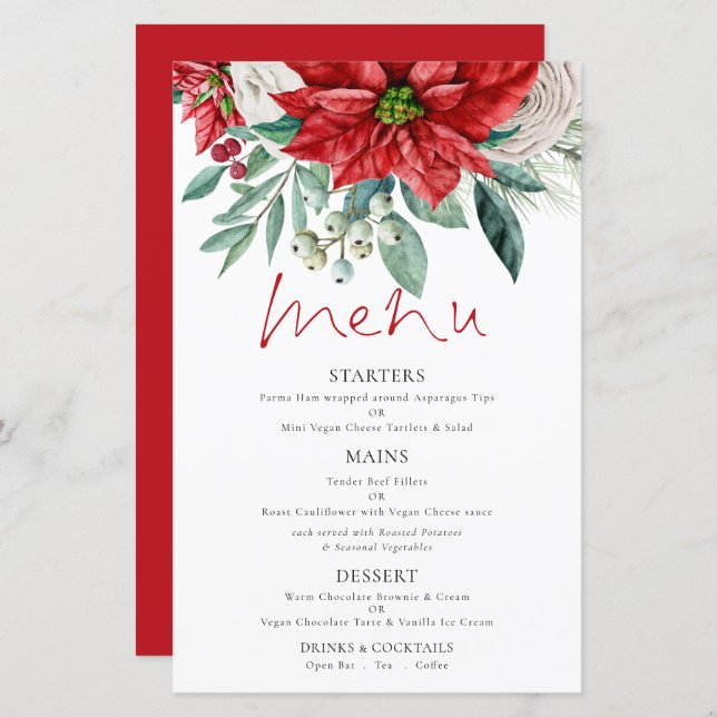 Budget Poinsettia Florals Wedding Menu (Front/Back)